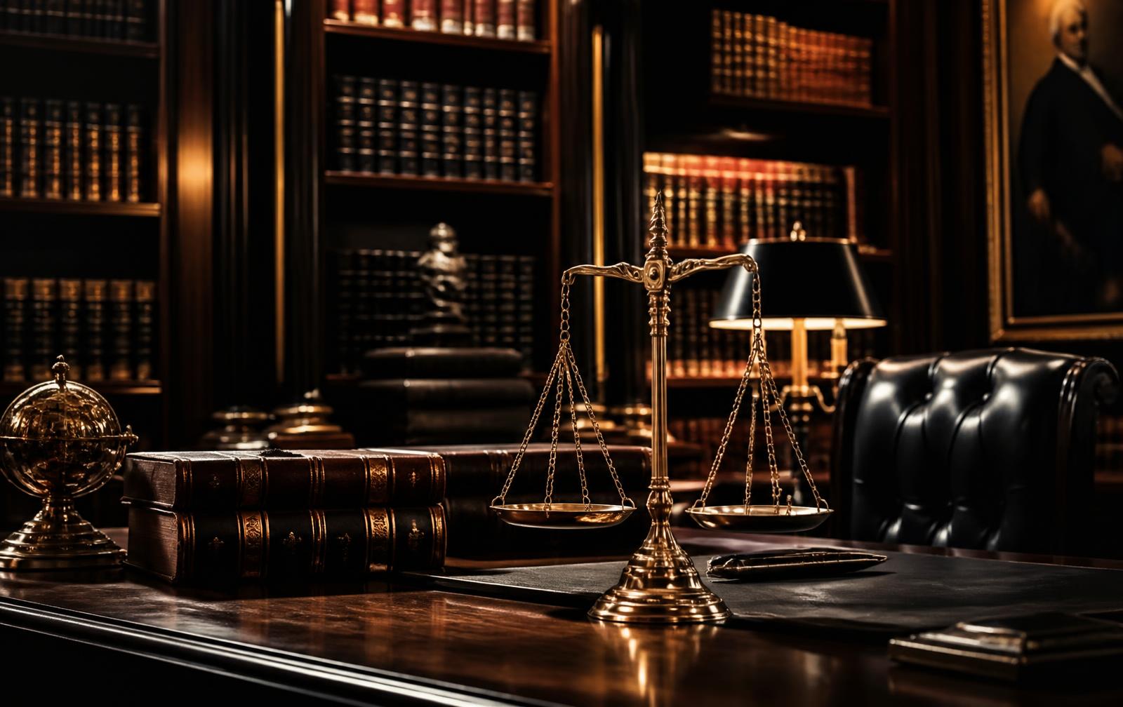 Brass scales of justice in a dark law library